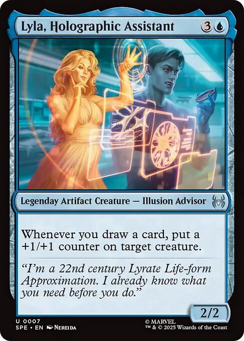 Lyla, Holographic Assistant - set code SPE 0007 U (2025; Nereida); Marvel Spider-Man-family set - set name not verifiable from scan, verify printing on TCGplayer