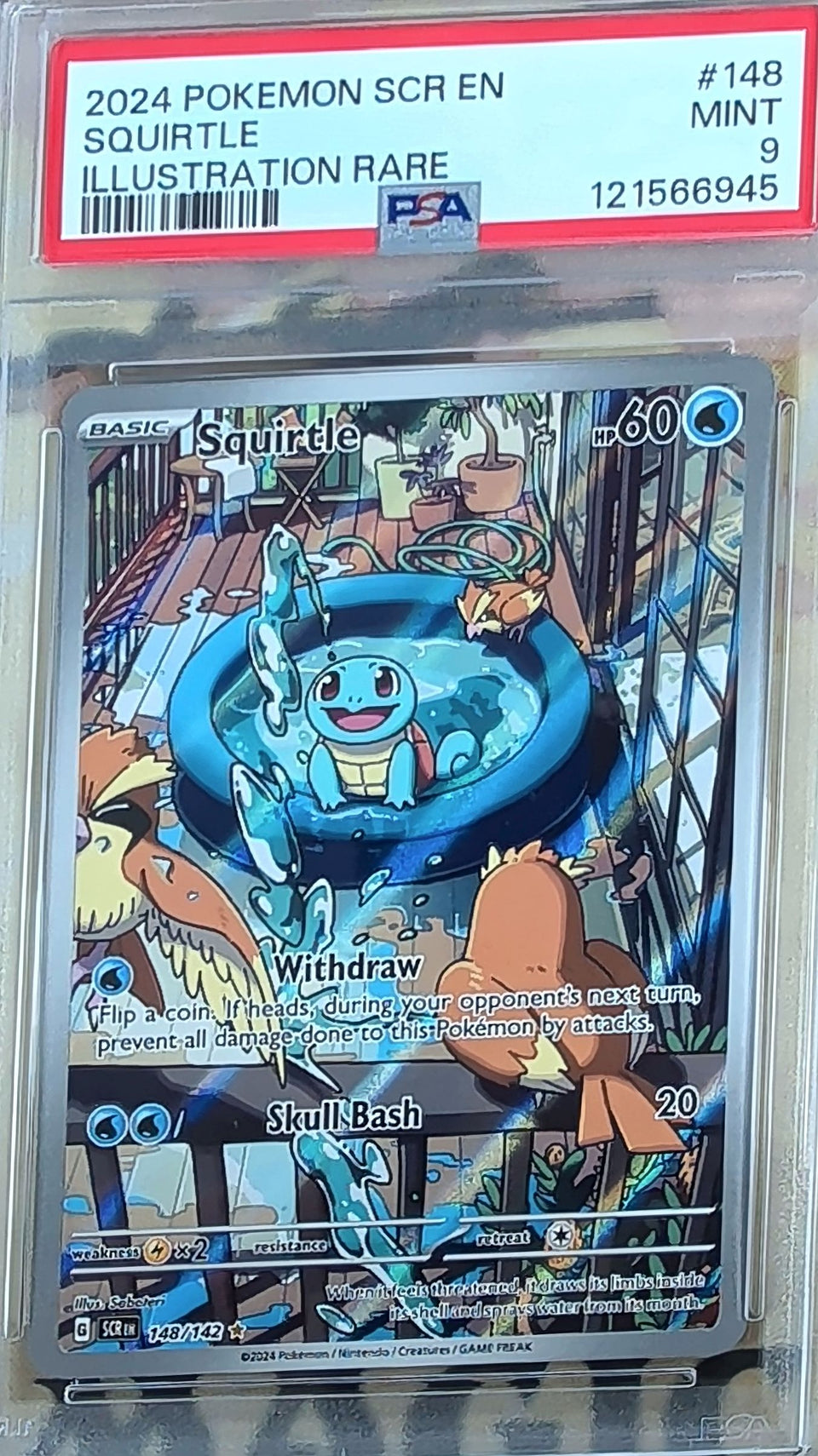 PSA 9 MINT Squirtle 148/142 Stellar Crown slab, front, cert 121566945
